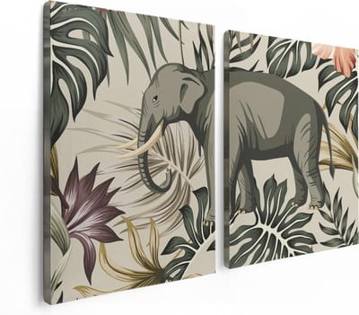 Artaza Canvas Schilderij Tweeluik Tropisch Getekende Olifant - Abstract - 120x80 - Foto Op Canvas - Canvas Print