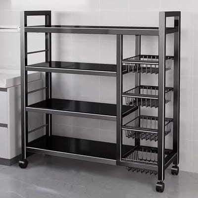 Stevige metalen opbergkast met 4 lagen en 4 gevlochten manden, wielen en verstelbare hoogte voor garage en keuken (zwart, 120 x 32 x 135 cm)