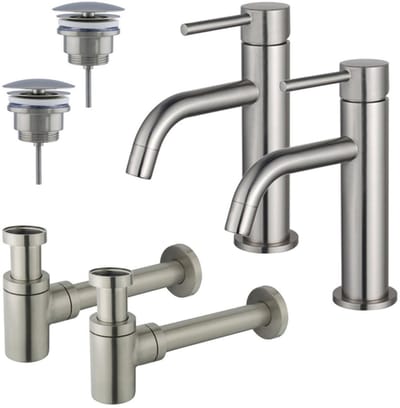 FugaFlow Eccelente Sobrado Badkamer Slim Wastafelkraanset - voor dubbele wastafel - lage wastafelkraan - always open plug - verlaagde design sifon - PVD Geborsteld RVS