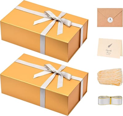 Luxe geschenkdozen met deksel en lint - 2 stuks - Goudkleurig - Inclusief kaart en vulling