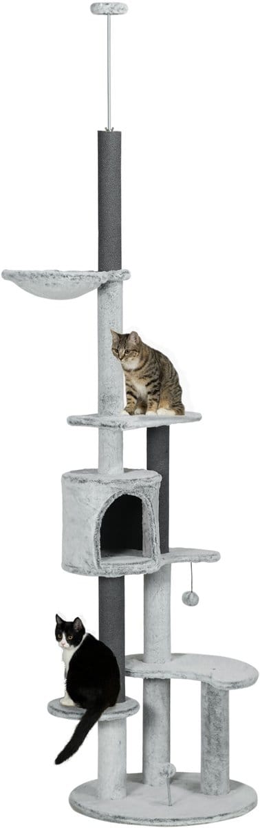 PawHut Kratzbaum Deckenhoch, Katzenbaum, 225-255 cm Katzenkratzbaum mit Katzenhöhle, Kratzstämmen, Korb, Spielball, Katzenmöbel mit Kippschutz, Grau