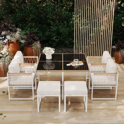 7-delige set voor buitentafel en stoelen voor 6 personen, tafel van gehard glas met PE-rotan omwikkeling, leuning van acaciahout, geschikt voor dineren in de achtertuin en in de tuin.