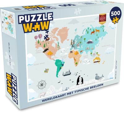 Puzzel Wereldkaart Kinderen - Symbolen - Kompas - Legpuzzel - Puzzel 500 stukjes