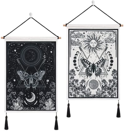 Wandtapijten met Kwastjes Vlinder Zwarte Banner Muur Opknoping Wandtapijten Maansverduistering Kunst aan de Muur Decor voor Slaapkamer Woonkamer (Vlinder)