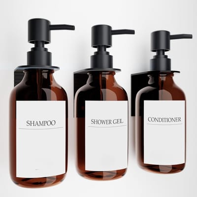 Famanu – Shampoo- en conditionerdispenser set met 3 vakken, inclusief 16 waterdichte labels, zonder boren, 470 ml per dispenser