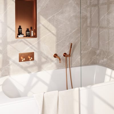 Brauer Copper Carving thermostatische inbouw badkraan met drukknoppen SET 03 met uitloop en staaf handdouche en doucheslang en wandaansluitbocht koper geborsteld PVD