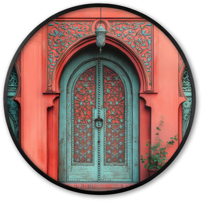 Poster in lijst Rond - Fotolijst 60x60 cm - Posters - Lantaarn - Deur - Turquoise - Ronde posterlijst zwart - Decoratie - Wanddecoratie woonkamer - Muurdecoratie slaapkamer