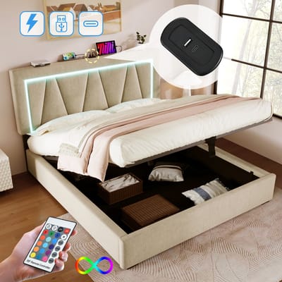 Gestoffeerd LED opbergbed met USB-C en verstelbaar hoofdbord - 160x200 cm - Grijs/Beige - Hydraulische opbergruimte - Inclusief lattenbodem - Tot 360 kg belastbaar