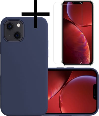 Hoesje - Met Screenprotector - Geschikt voor Apple iPhone 13 Mini - Sterk & Shockproof - Back Cover - Siliconen Case - Telefoon Hoes - Donkerblauw