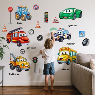 Kinderpuzzel Cartoon Voertuig Muurstickers Voor Kinderkamer Slaapkamer Huisdecoratie Sportauto Bus Tractor Kraan Doe-het-zelf Vinylstickers gray