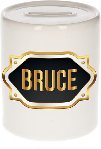 Spaarpot met voornaam Bruce - wit - met goud/zwart embleem - 8 x 9 cm - keramiek - met afsluitdop - cadeau verjaardag
