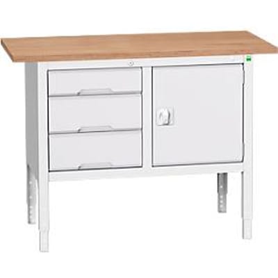 Bott verso box-type werkbank, multiplex blad, 3 laden & 1 deur, B 1250 x D 600 x H 830 - 930 mm, RAL 7035 lichtgrijs
