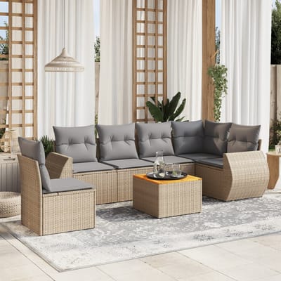 vidaXL - 7-delige - Loungeset - met - kussens - poly - rattan - beige