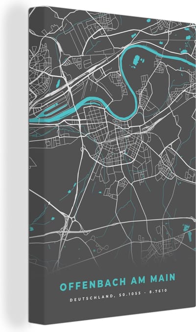 Canvas Schilderij Duitsland – Blauw – Offenbach am Main – Stadskaart – Kaart – Plattegrond - 20x30 cm - Wanddecoratie