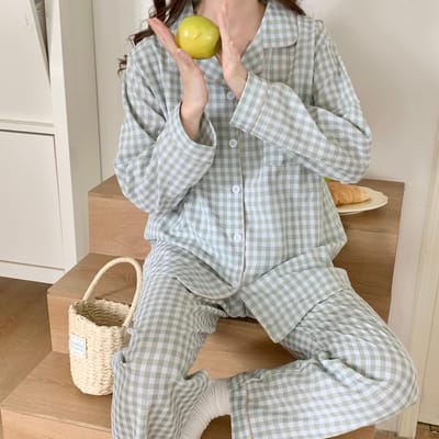 Japanse Stijl Lente Herfst Pyjama Set Dames 100% Katoen Lange Mouw Broek Tweedelig Geruit Kant Huispak XL beige