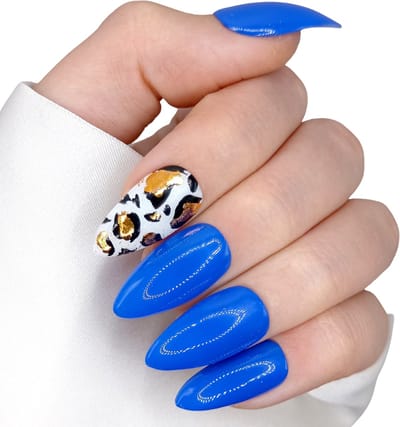 SD Press on Nails - B-160 - Plaknagels met nagellijm - Medium Stiletto - Blauw Wit Leopard - Set 20 Kunstnagels handgemaakt van gel polish - Nagellak - Cosplay - Accessoires - Medium Stiletto