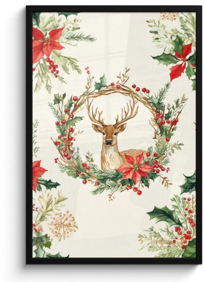Poster in lijst - Fotolijst 60x90 cm - Posters - Kerstkrans - Hert - Hulst - Rood - Posterlijst zwart - Decoratie - Wanddecoratie woonkamer - Muurdecoratie slaapkamer - Kerstversiering - Kerstdecoratie voor binnen - Kerstmis