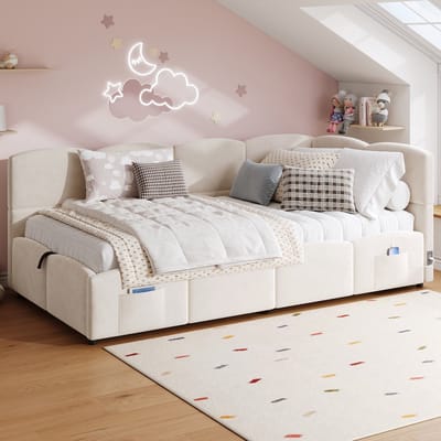 Sweiko Kinderbed - 90x200 cm - Opbergruimte - Slaapbank - USB-poort - Velvet - Beige