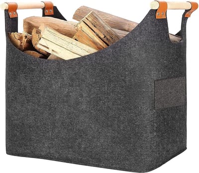 XL Brandhoutmand, vilten mand, extra dik vilt en versterkte handgreep, opvouwbare houten mand, vilten tas als opbergmand voor boodschappen, hout, krant of brandhout (donkergrijs)