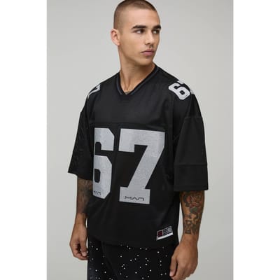 Oversized Boxy Sportshirt Met Homme-opschrift En V-hals In Honkbalstijl | Black | Size Medium