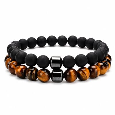 XYZ Goods Armband Heren Set Zwart & Bruin - Onyx & Tijgeroog Kralen - 2 Stuks - Natuursteen - 19CM