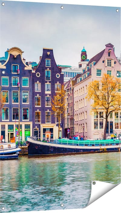 Gards Tuinposter Amsterdamse Huisjes vanaf de Gracht - 80x120 cm - Tuindoek - Tuindecoratie - Wanddecoratie buiten - Tuinschilderij