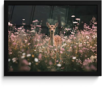 Poster in lijst - Fotolijst 40x30 cm - Posters - Hert - Wilde bloemen - Bos - Posterlijst zwart - Decoratie - Wanddecoratie woonkamer - Muurdecoratie slaapkamer