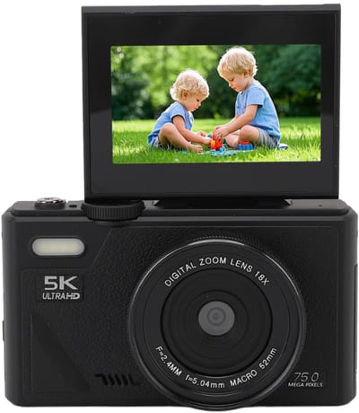 5K Digital Camera, 75MP Vlogging Camera, with 18x Zoom, 3 Inch Flip Screen, HD Compact Camera, for Travel Photography (BLACK)