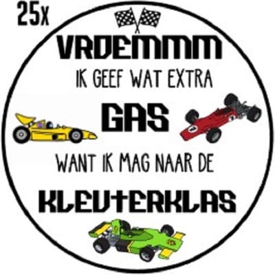 25x Traktatiestickers Auto Racen - Afscheid Peuterspeelzaal-Kinderdagverblijf-Basisschool-Kleuterklas - Sluitsticker Autorace - Verjaardag raceauto - f1 - Kinderfeest Traktatie - Uitdelen - Uitdeeltraktatie - Wensetiket - Rond - 40mm - Glossy sticker