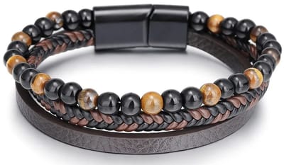 Armband Heren - Bruin Leer met Bruine Kralen - Leren Armbanden - Kralenarmband - Papa Cadeau Voor Mannen - Vaderdag