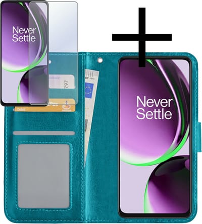 Hoesje - Met Screenprotector - Geschikt voor OnePlus Nord CE 3 Lite - Luxe Pasjeshouder - Bookcase Portemonee - Flip Case - Kunstleer Book Case - Flipcase - Book Cover - Walletcase - Portemonneehoes - Turquoise