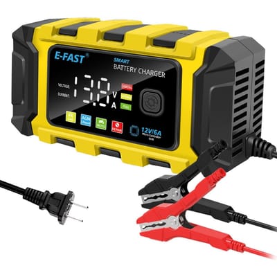 E-FAST Chargeurs de batterie de voiture 12V6A Chargeurs de batterie entièrement automatiques Mainteneur Portable Filet jaune
