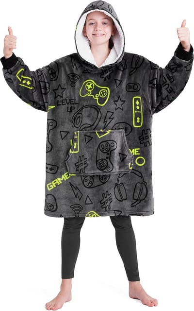 Hoodie Deken voor Kinderen - Fleece Capuchon Deken in Grijs, Één Maat
