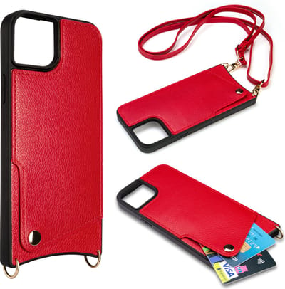 Casemania Hoesje Geschikt voor Apple iPhone 15 - Back Cover met Draagkoord - Pasjeshouder Hoes met Bandje - Crossbody Telefoonhoesje - Lanyard Case - Rood