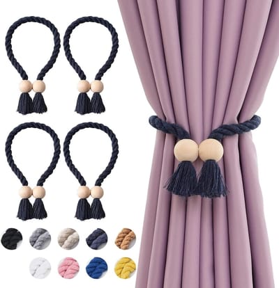 Gordijnhouders Set - Magnetische Haken - Decoratief Ophangen - Bohemien Stijl Touw - 56 cm Lengte - Donkerblauw