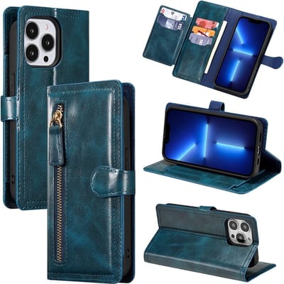 LuxeBass Hoesje geschikt voor Apple iPhone 13 Pro - Boekhoesje - Blauw - Vintage portemonne hoes met ritssluiting gsm hoesje - telefoonhoes - telefoonhoesjes