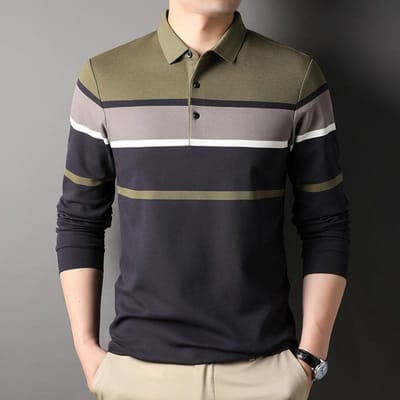 Heren Herfst Lange Mouw Revers T-shirt, Nieuw Heren Comfortabel Katoen Verloop Gestreept Casual Zakelijk POLO Shirt XXXL gray
