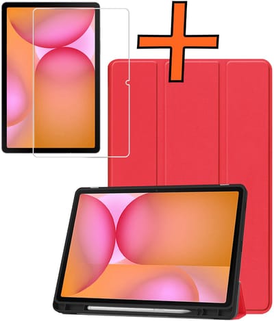 Hoesje - Geschikt voor Samsung Galaxy Tab S10 FE - Met Screenprotector - Trifold Bookcase - Hard Cover Case - Met Uitsparing Geschikt voor S Pen - Hardcover Book - Tablet Hoes - Rood