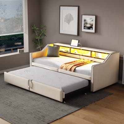 Wishdor – Gestoffeerde Slaapbank 90/180x200 cm – Met Uitschuifbed, LED & USB – Flexibel & Slim – Linnen – Beige