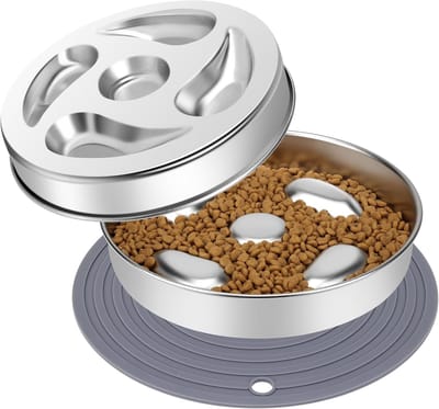 Famanu – Slow Feeder hondenbak, roestvrijstalen langzame voeding met antislip siliconenmat, metalen langzame voerbak voor middelgrote en grote rassen (kom met antislip siliconen mat)