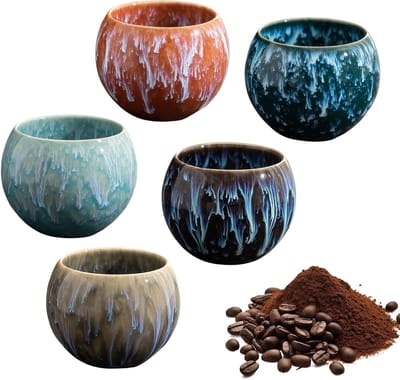 Set van 5 Mini Espresso Kopjes van Keramiek, Handgemaakte Porseleinen Koffiekopjes, Dikke Wand, Japanse Steenkopjes zonder Handvat, 140 ml voor Espresso en Thee