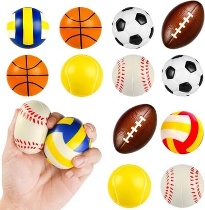 12 Stuks Stressballen van Schuim, Mini Sportballen, Antistress Speelgoed voor Kinderen en Volwassenen, Perfect voor Feestjes en Cadeaus - Diverse Ballen Stijlen