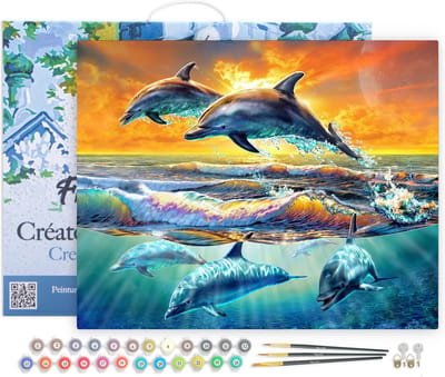 Figured'Art Schilderen op Nummer Volwassenen met lijst - Dolfijnen bij Dageraad - Handwerk acrylverf Kit DIY Compleet - 40x50cm Canvas al ingelijst