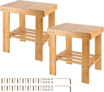 Set van 2 Bamboe Krukjes met Opbergruimte - Stevig Houten Voetenbankje voor Keuken, Badkamer en Tuin