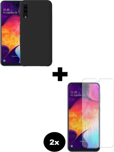Hoesje - Met 2x Screenprotector - Geschikt voor Samsung Galaxy A50 - Sterk & Shockproof - Telefoon Hoes - Back Cover - Siliconen Case - Telefoonhoes - Zwart