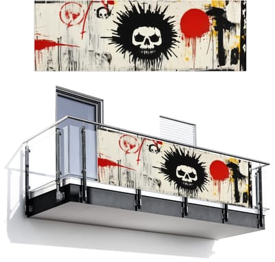 Balkonscherm 300x100 cm - Balkonposter Graffiti - Schedel - Abstract - Rood - Balkon scherm decoratie - Balkonschermen - Balkondoek zonnescherm