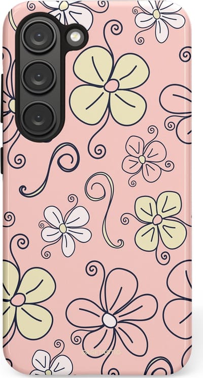 Casetastic hoesje geschikt voor Samsung Galaxy S23 - Dubbellaagse bescherming - Pastel Perzik Doodle Peach Bloemen - Fashion Case - Zand Zilver Lichtroze