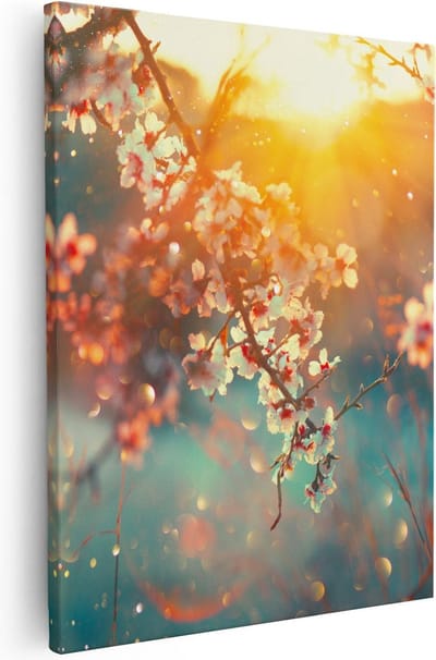 Artaza Canvas Schilderij Bloesemtak - 40x50 cm - Wanddecoratie Bloemen Zonsondergang - Muurdecoratie Lente - Kamer Accessoires