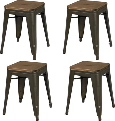 set van 4 "LIV" industriële grijze metalen krukken met houten zitting 39x39xH46 cm