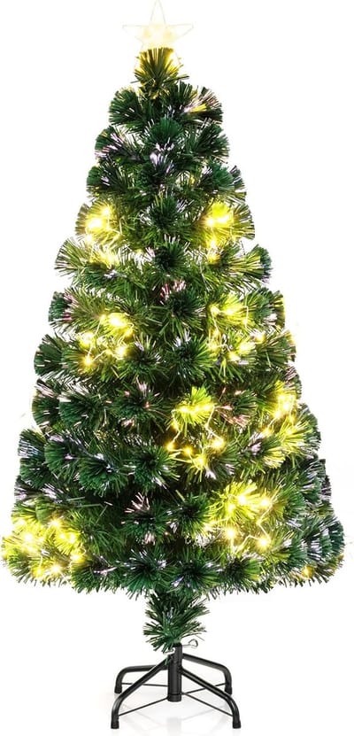 COSTWAY Kunstkerstboom met verlichting, 120 cm dennenboom van glasvezel met 18 warmwitte ledlampen en 130 takpunten, verlicht met sterpunt, voor thuis en op kantoor